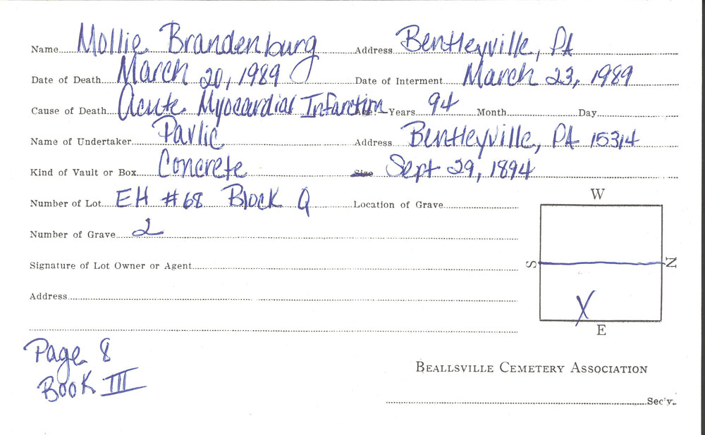 Mollie Brandenburg burial card